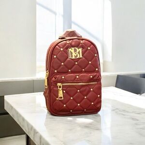 Red Quilted Badgley Mischka Small Backpack with Gold Accents